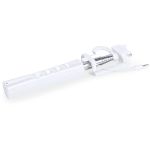 A white selfie stick with a compact design and a trigger mechanism, featuring a detachable cord.