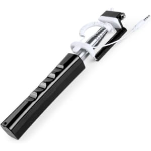 A black and silver selfie stick featuring a coiled cable and a holder for a smartphone. It has a logo on its surface.