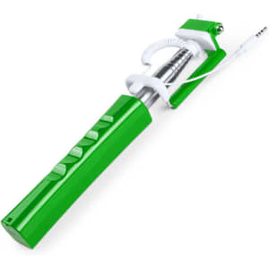 A green selfie stick with a coiled cable, featuring buttons for operation and a holder for a phone.