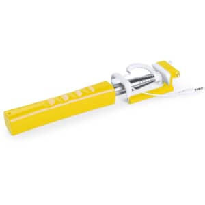 A yellow selfie stick featuring a spring-loaded holder and connecting cable for smartphones.