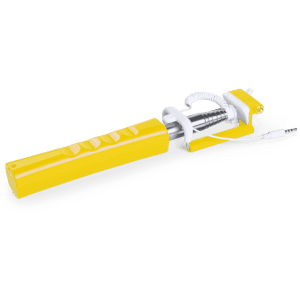 A yellow selfie stick with a retractable mechanism and attached cable. It features a simple design and a logo.