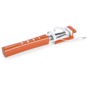 An orange selfie stick with a white cable connector, featuring a compact design and several buttons on the handle.