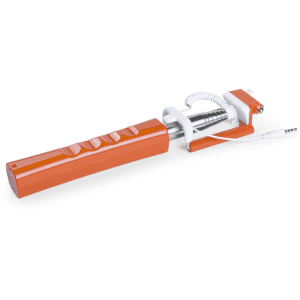 An orange selfie stick with a retractable mechanism and a connecting cable. It has a simple design and a logo.