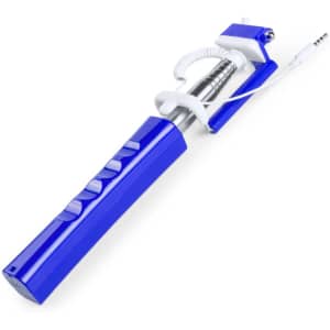 A blue selfie stick with a coiled connector and several buttons, featuring a logo on the handle.