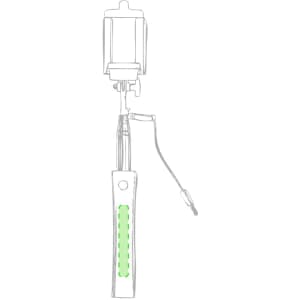A selfie stick in black with a green accent, featuring a phone holder and an attached audio jack.