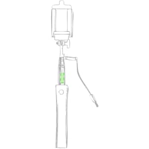 A green and black selfie stick with a handle and a phone holder, featuring a connecting wire.