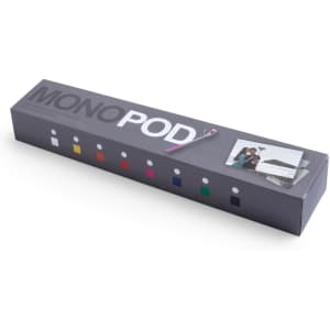 A boxed monopod featuring a variety of colour options, with a photo of people using it on the packaging.