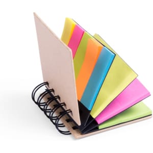 A notepad with a wooden cover and multiple sticky note sections in pink, green, yellow, and orange. It features a spiral binding.