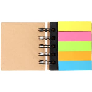 A notepad featuring multiple sticky note colours including pink, orange, green, blue, and black, with a ring binder.