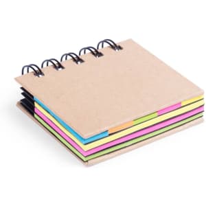 A notepad with a natural kraft cover and vibrant sticky pages in pink, yellow, and blue. It features a spiral binding.