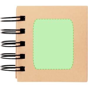 A square sticky notepad with a kraft cover, featuring a green sticky section and black spiral binding.