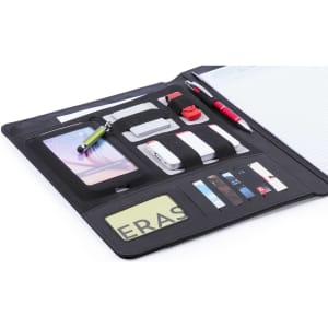 A black Bretux Folder featuring various compartments for a notepad, pen, phone, and cards, with a logo.
