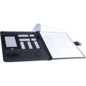 A black Bretux folder featuring a notepad, multiple card slots, and a zip pocket, designed for office use.