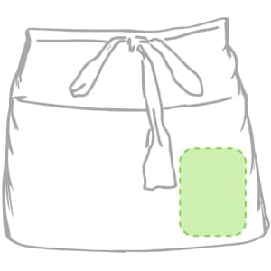 A green apron with a waist tie and a front pocket, featuring a simple design and a logo.