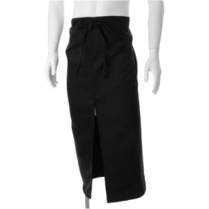 A black apron with a front split and tie waist, displayed on a mannequin. It features a logo.
