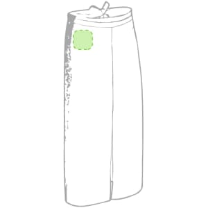 A white apron featuring a pocket area highlighted in green. The design is simple and functional, with a logo present.
