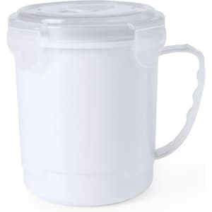 A white jar with a handle and a secure lid, featuring a branding logo. Ideal for home use.