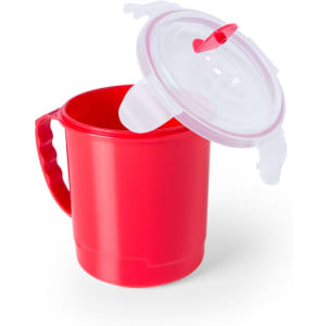 A red jar with a handle and a transparent lid partially covering it. It features a logo on the side.