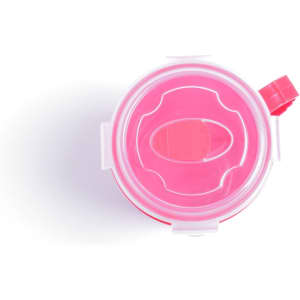 A drink bottle with a pink lid and a clear body, featuring a sealable opening and a logo.