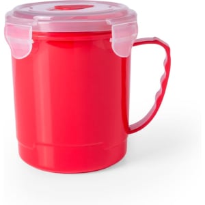 A red jar with a handle and a clear lid, featuring clips for secure closure. It has a smooth finish and a glossy surface.