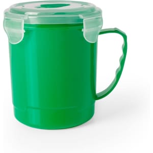 A green jar with a handle and a transparent lid, featuring a logo on the front.