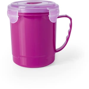 A purple storage jar with a handle and a secure lid, suitable for home use. Features a branding logo.