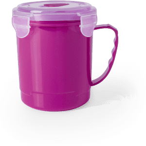 A pink jar with a handle and a lid, featuring a logo, suitable for various home uses.