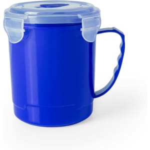 A blue jar with a clear lid and handle, featuring a simple design and a logo on the side.