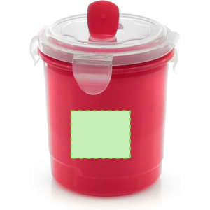 A red storage jar with a clear lid and a handle, featuring a blank label area for customisation.