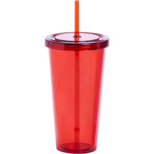 A red plastic cup with a lid and an orange straw, featuring a branding logo.