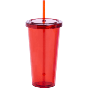 A red plastic tumbler with a matching lid and an orange straw, featuring a logo.