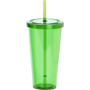A green plastic tumbler with a clear lid and straw, featuring a branding logo.