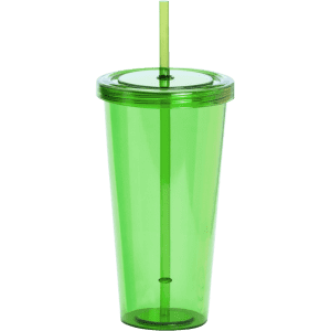 A green plastic cup with a lid and straw, featuring a logo on the side. Ideal for drinks on the go.