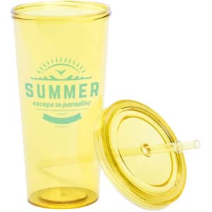 A drink cup in translucent yellow with a lid and straw. It features a logo and a summer-themed design.
