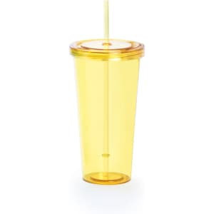 A yellow plastic cup with a lid and a straw, featuring a logo on the surface.