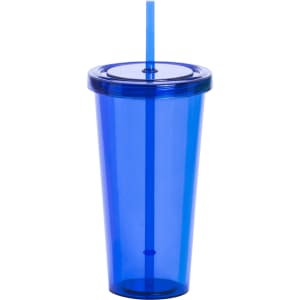 A blue plastic cup with a lid and straw, featuring a logo, designed for drinkware use.