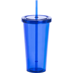 A blue plastic cup with a straw and a lid. The cup has a simple design and features a logo.