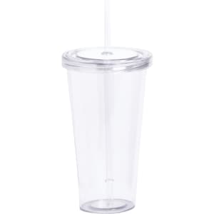 A clear plastic tumbler with a straw and a lid, featuring a simple design and a logo.