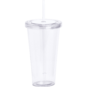 A clear plastic cup with a lid and straw, featuring a sleek design and a branding logo.