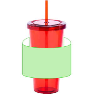 A red plastic cup with a lid and straw, featuring a placeholder for a label or branding element.