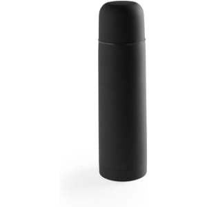 A drink bottle in matte black, featuring a sleek design and a round cap. It has a logo on the surface.