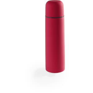 A drink bottle in a vibrant red colour, featuring a smooth, rounded design and a lid. It has a logo on the side.