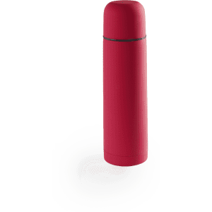 A drink bottle in a vibrant red colour, featuring a cylindrical design and a lid. It has a logo.