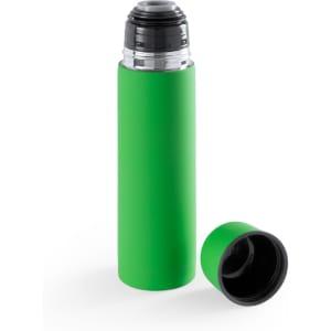 A green vacuum flask with a black lid, designed for keeping drinks hot or cold, featuring a smooth finish.