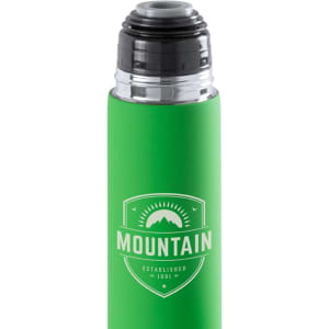 A drink bottle in vibrant green with a black lid and a logo featuring a mountain graphic.
