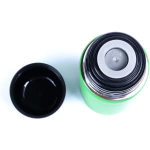 A drink bottle in vibrant green with a black lid, featuring a screw top and a smooth interior.