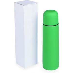 A drink bottle in bright green, featuring a sleek design, accompanied by a plain white box. It has a branding logo.