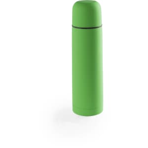 A drink bottle with a sleek, vibrant green design and a rounded cap, featuring a branding logo.