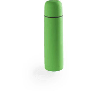 A green vacuum flask with a rounded lid and a smooth finish. It features a branding logo.