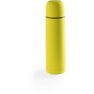 A drink bottle in bright yellow with a sleek design and a lid, featuring a logo. Ideal for keeping beverages insulated.